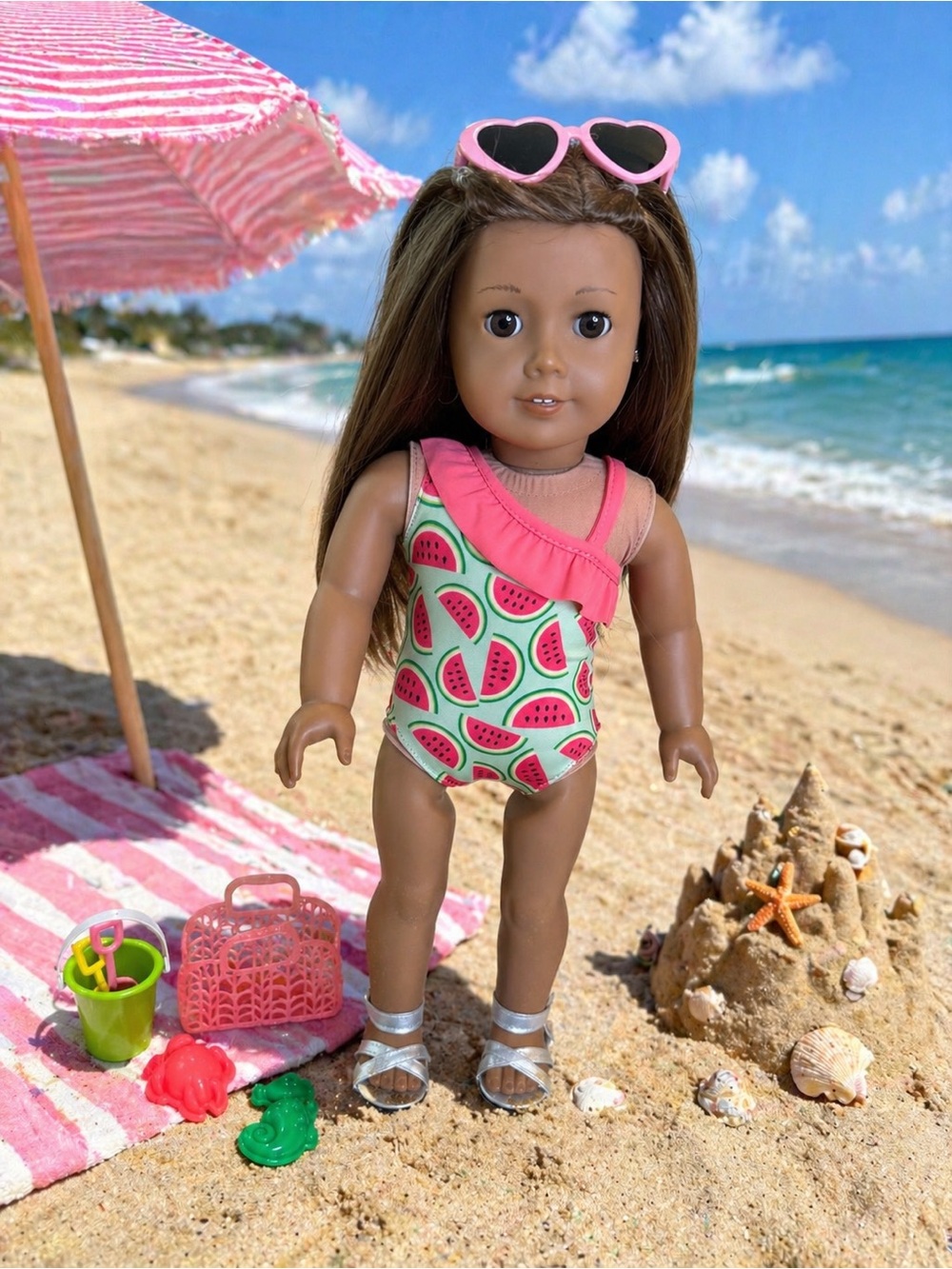 American Girl Coral Pink & Green Watermelon One-Piece with Heart Sunglasses